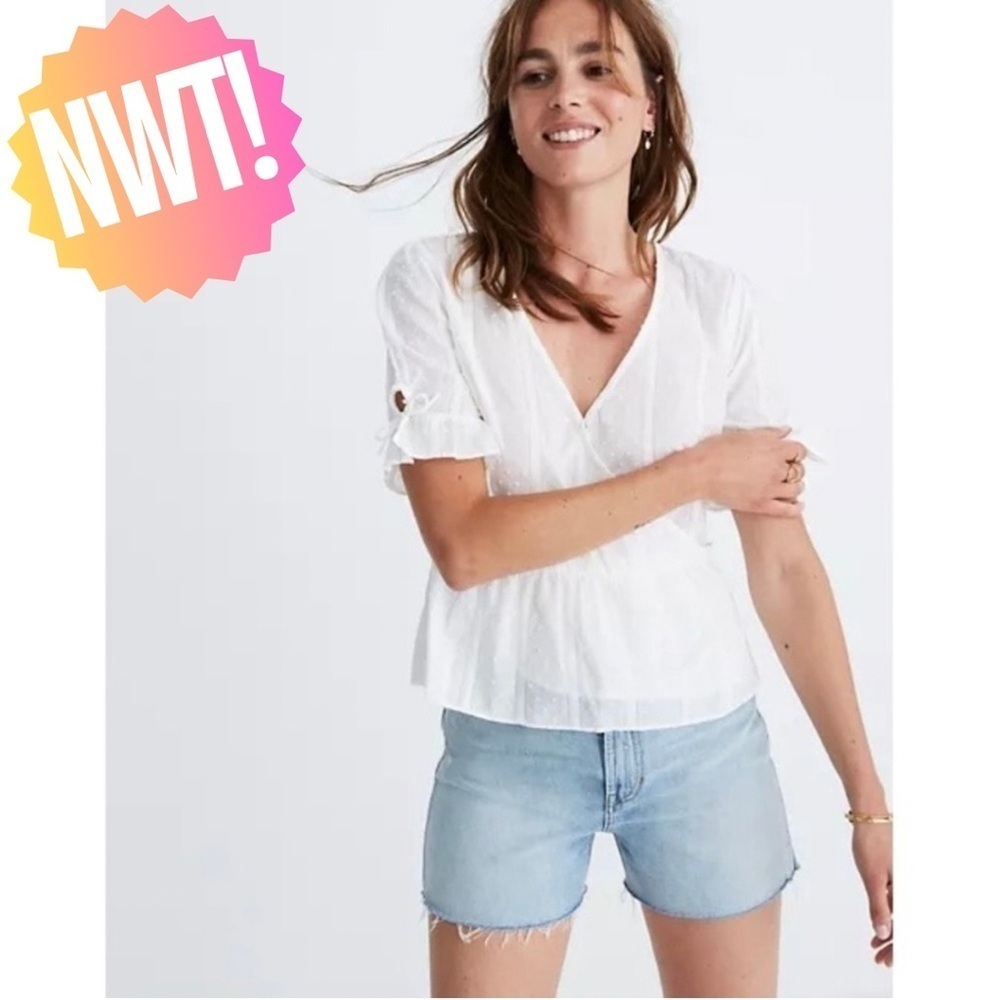 K028 Madewell Tie-Sleeve Wrap Top in Swiss Dot